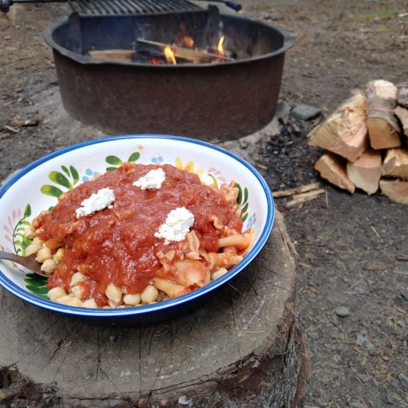 garbanzo spaghetti by the firepit