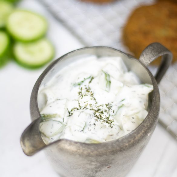 tzatziki ready to pour over falafel