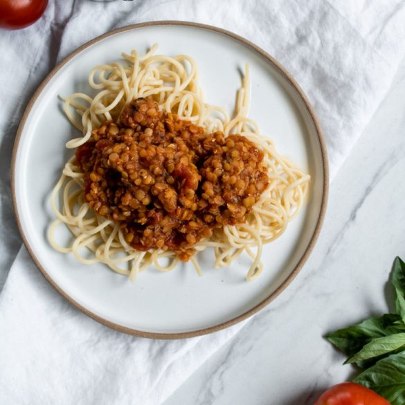 red lentil marinara on a bed of noodles