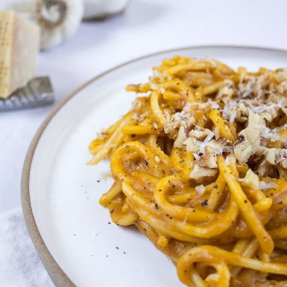 Creamy pumpkin pasta close up