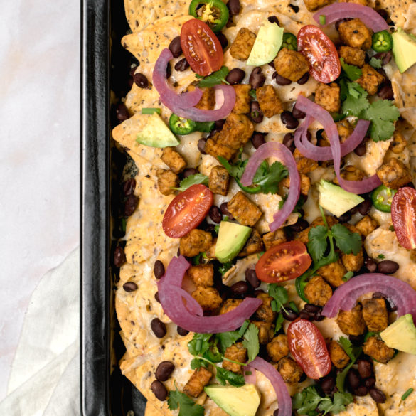 tempeh nachos hot out of the oven